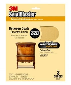 3M SandBlaster Sandpaper with No-Slip Grip, 11" x 9", 320 Grit - 3 Pack