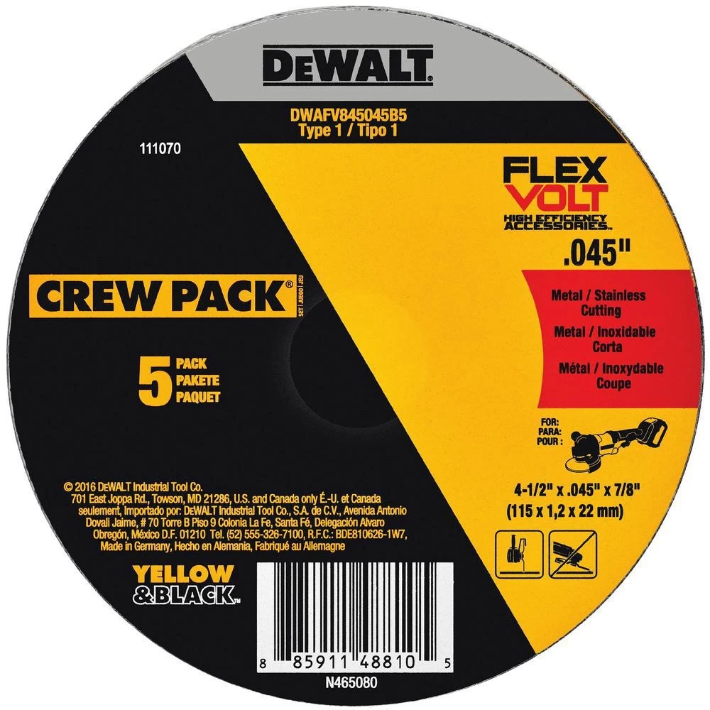 DeWalt 4 1/2" X .045" X 7/8" T1 Flexvolt Cutting Wheel 5 pk. 3 DeWalt 4 1/2" X .045" X 7/8" T1 Flexvolt Cutting Wheel 5 pk.